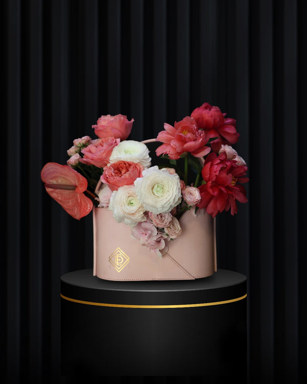 Blush Royale – Signature Pink Leather Bag with Peonies & Spray Roses