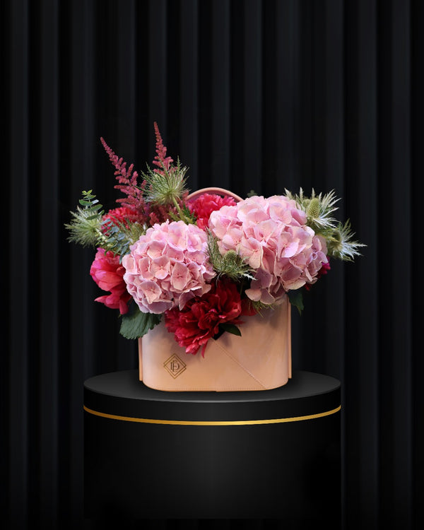 Rose Mist – Signature Pink Leather Bag with Peonies & Astilbe